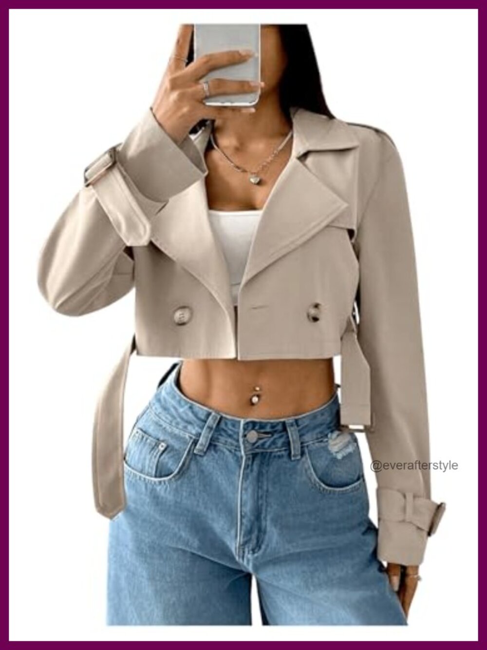 Cropped Trench Coat Notched Lapel Double Breasted Polyester Fall Jacket
